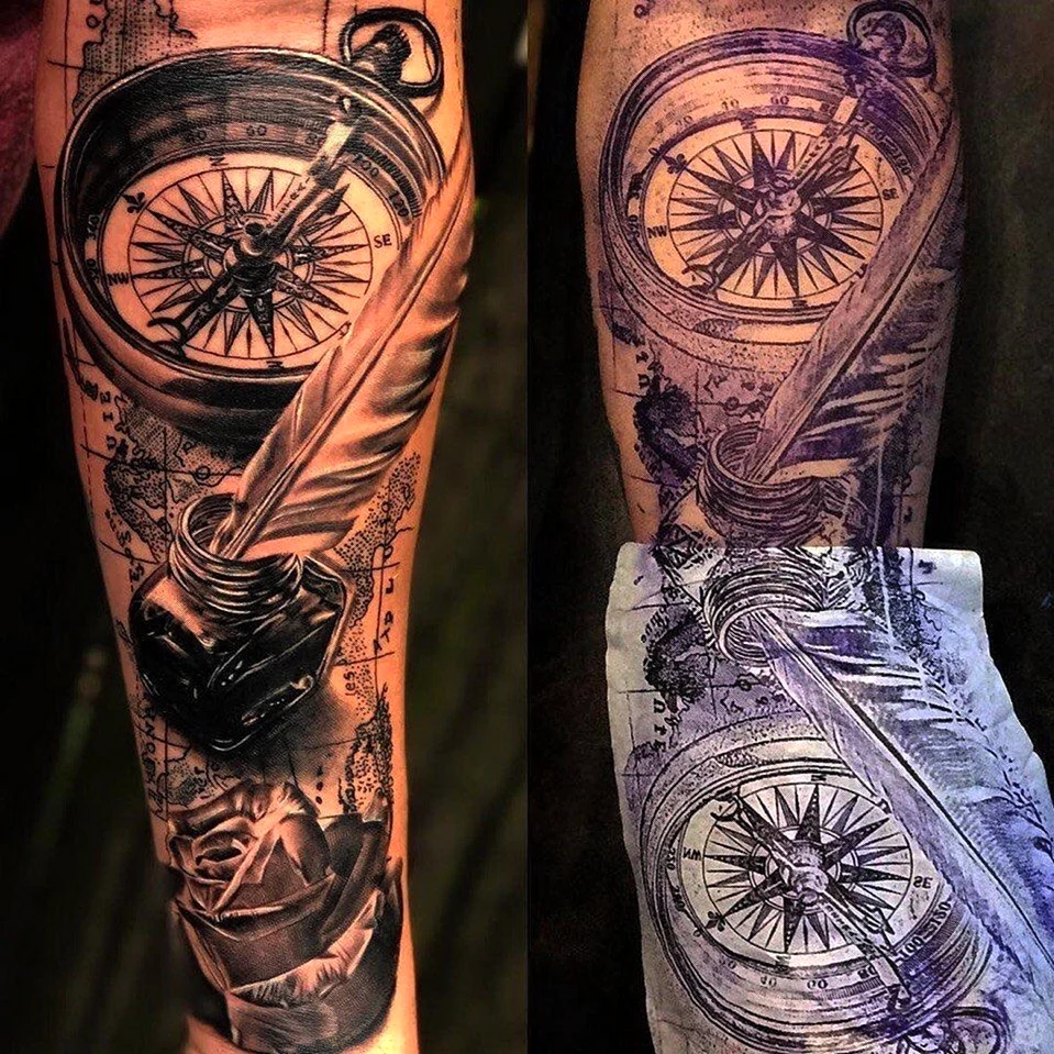 Feather and Compass Tattoo