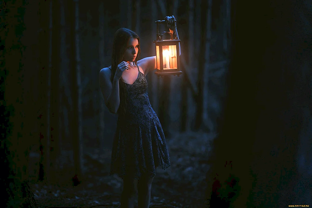 Girl in Night Forest