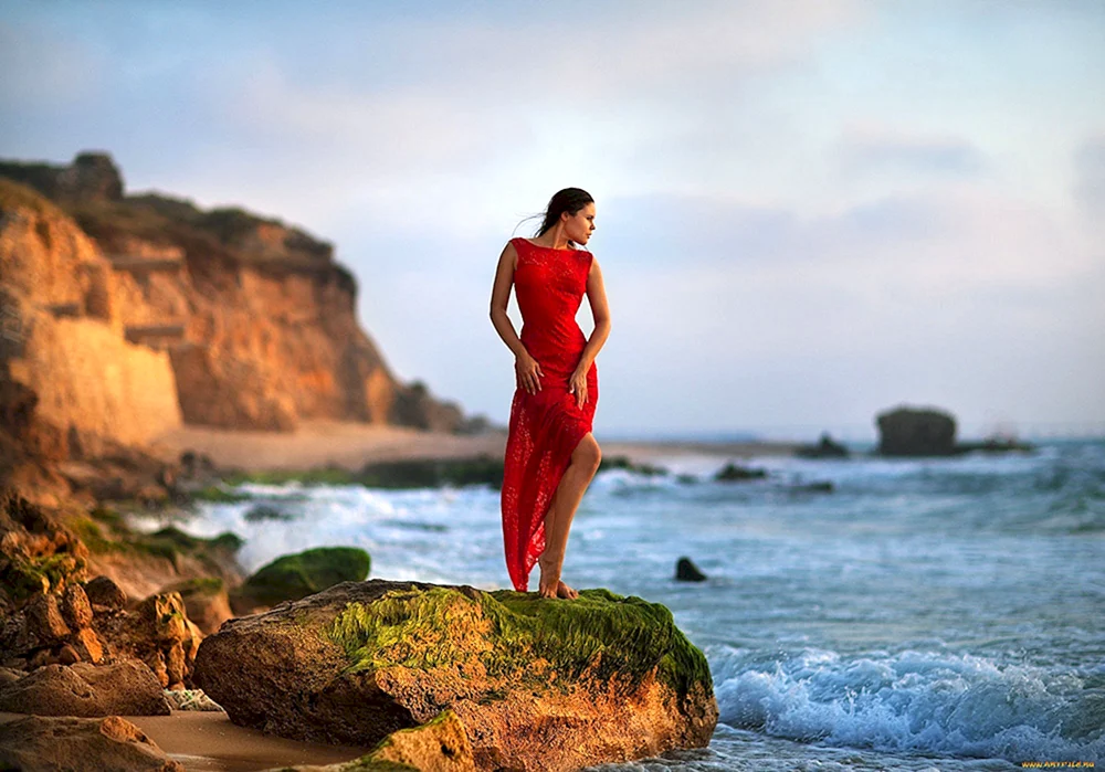 Girl Red Dress Beach Painting