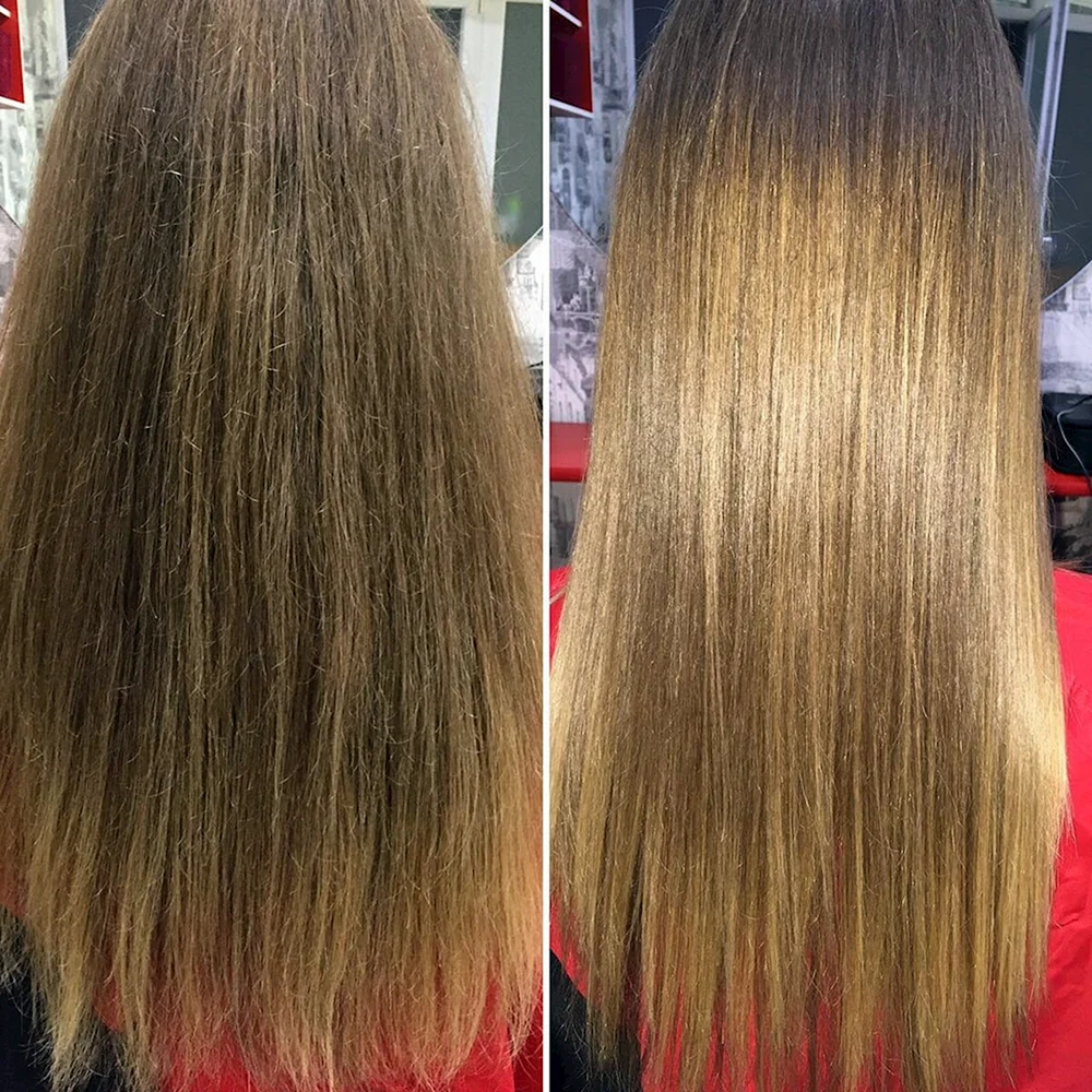 Полировка волос до и после