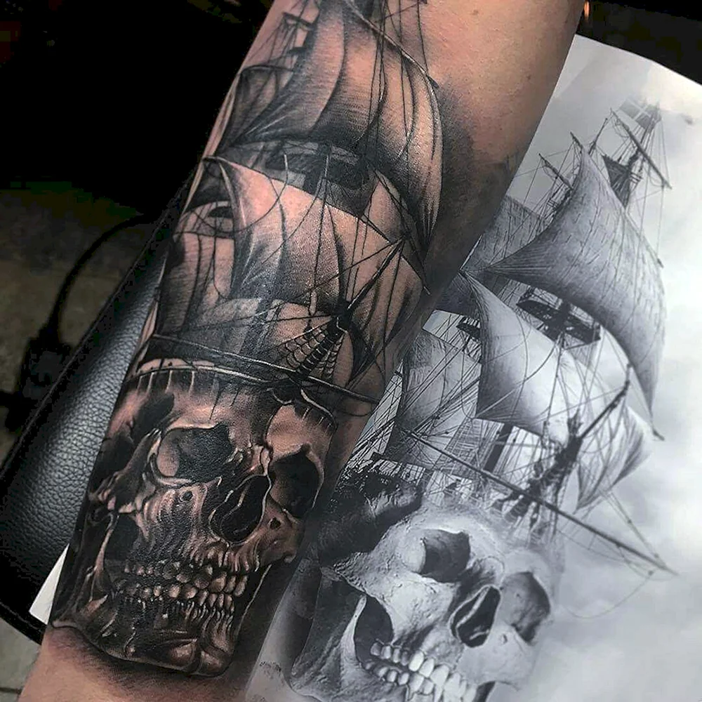 Skull Pirate ship Tattoo