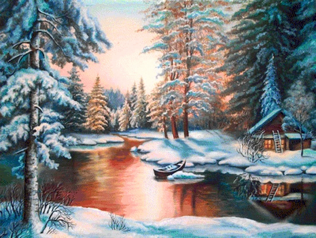 Зимний пейзаж с домиком живопись