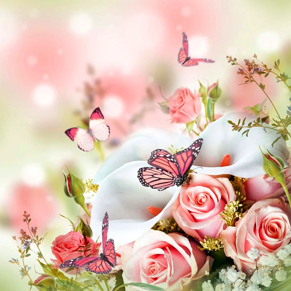 Нежные розы и бабочки